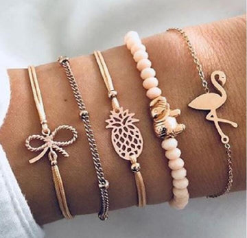 4pcs/Set Bohemian Stone beads chains bracelets Set For Women Metal Heart Round Tassel charm Bangle Fashion Jewelry daiiibabyyy